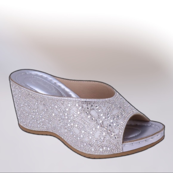 Restocked! Italina Gold Metallic Rhinestone Embellished Wedge Heel - Picture 7 of 9